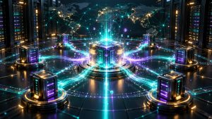 Illustration of Solana validator nodes connected by a fast blockchain network