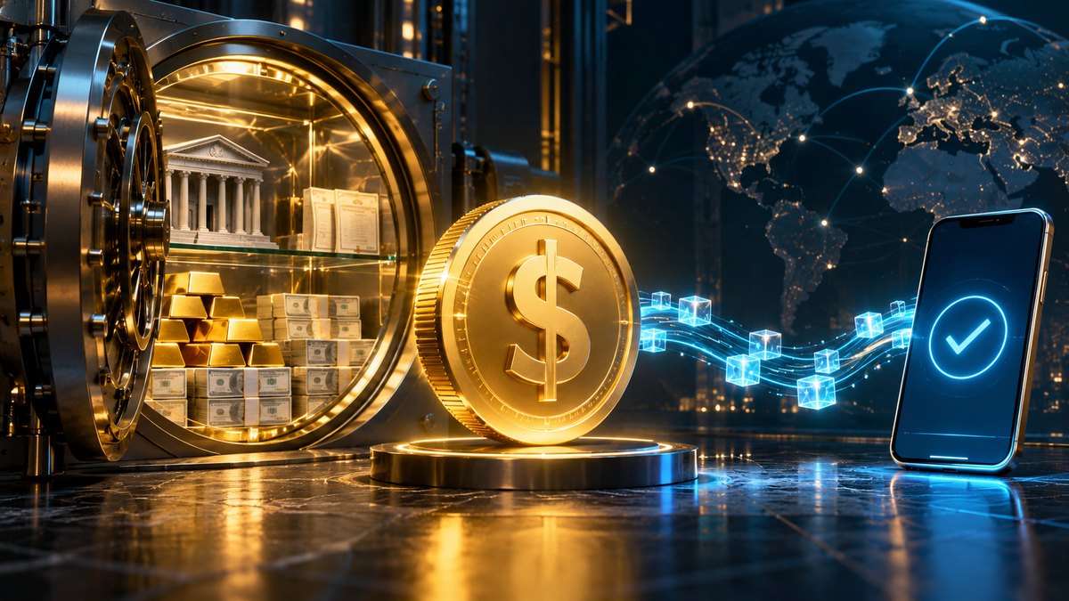 Illustration of a dollar stablecoin, reserve vault, and digital payment network